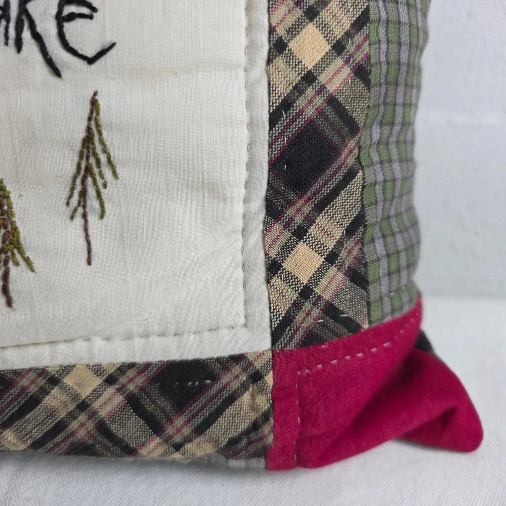 Hand Embroidered Patchwork Plaid Decorative Pillow Rustic Cabin at the Lake